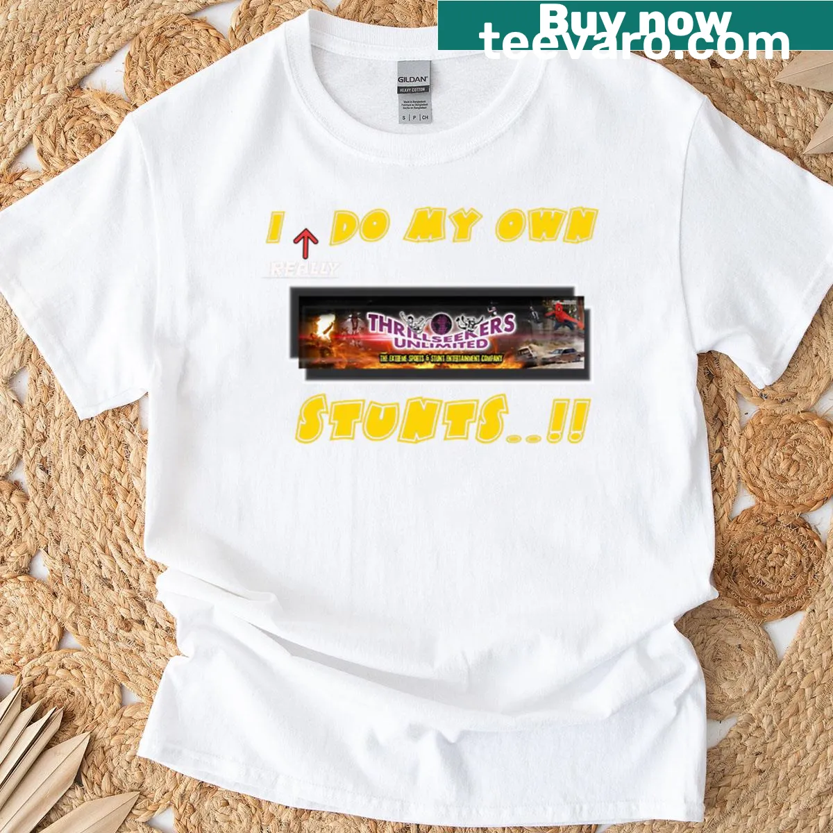 Humorous typography about doing stunts on a t-shirt — on a men's t-shirt