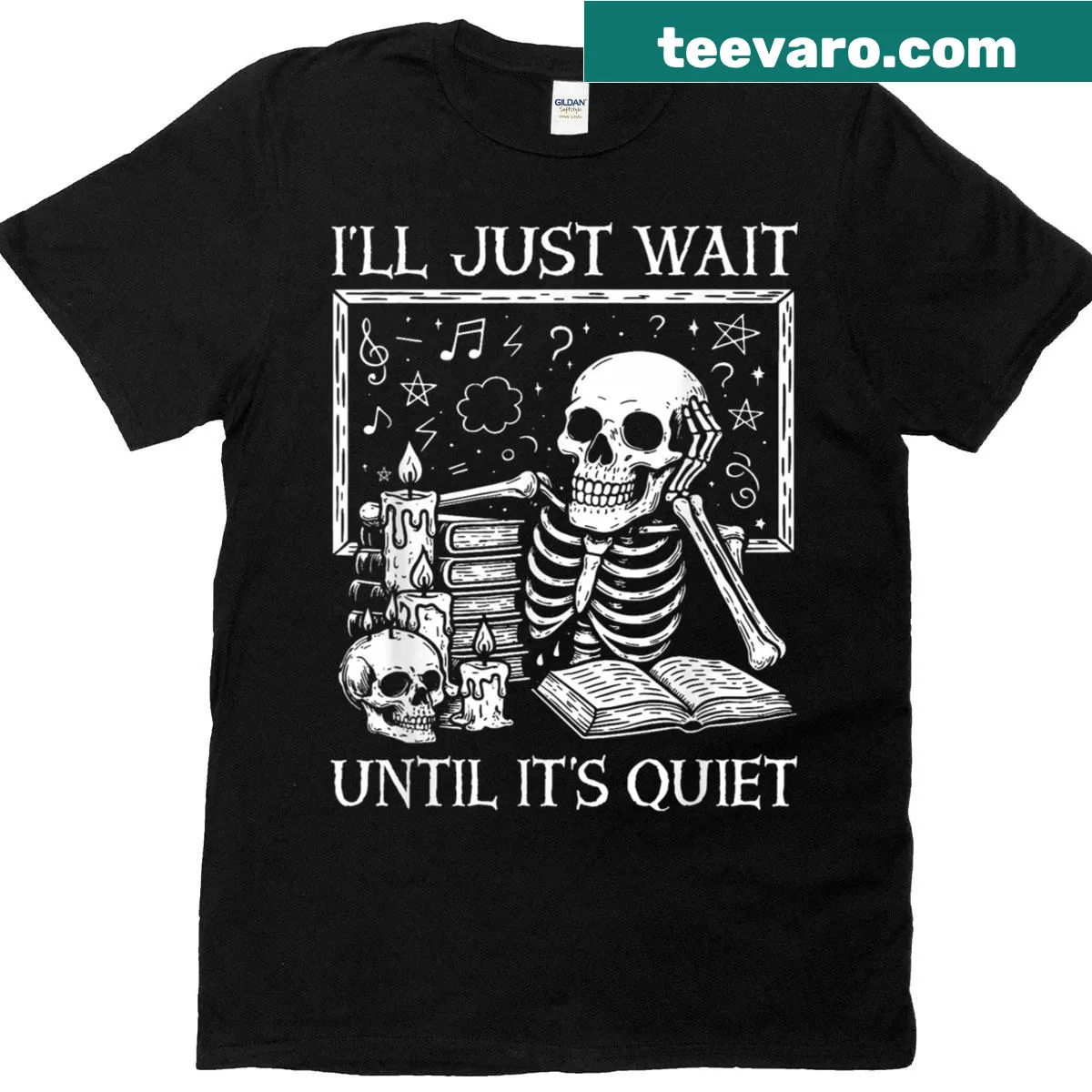 Skeleton teacher t-shirt with the phrase I'll Just Wait Until It's Quiet — on a men's t-shirt