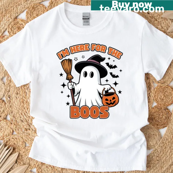Funny t-shirt with the phrase 'I'm Here For The Boos' in playful typography