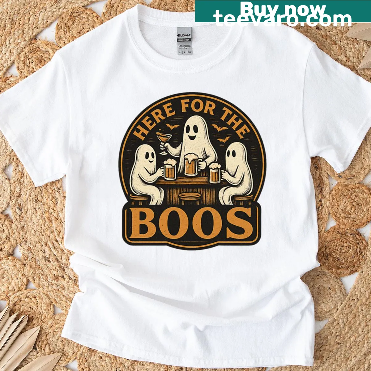 Humorous Halloween t-shirt with a cartoon ghost and pun about booze. — on a men's t-shirt