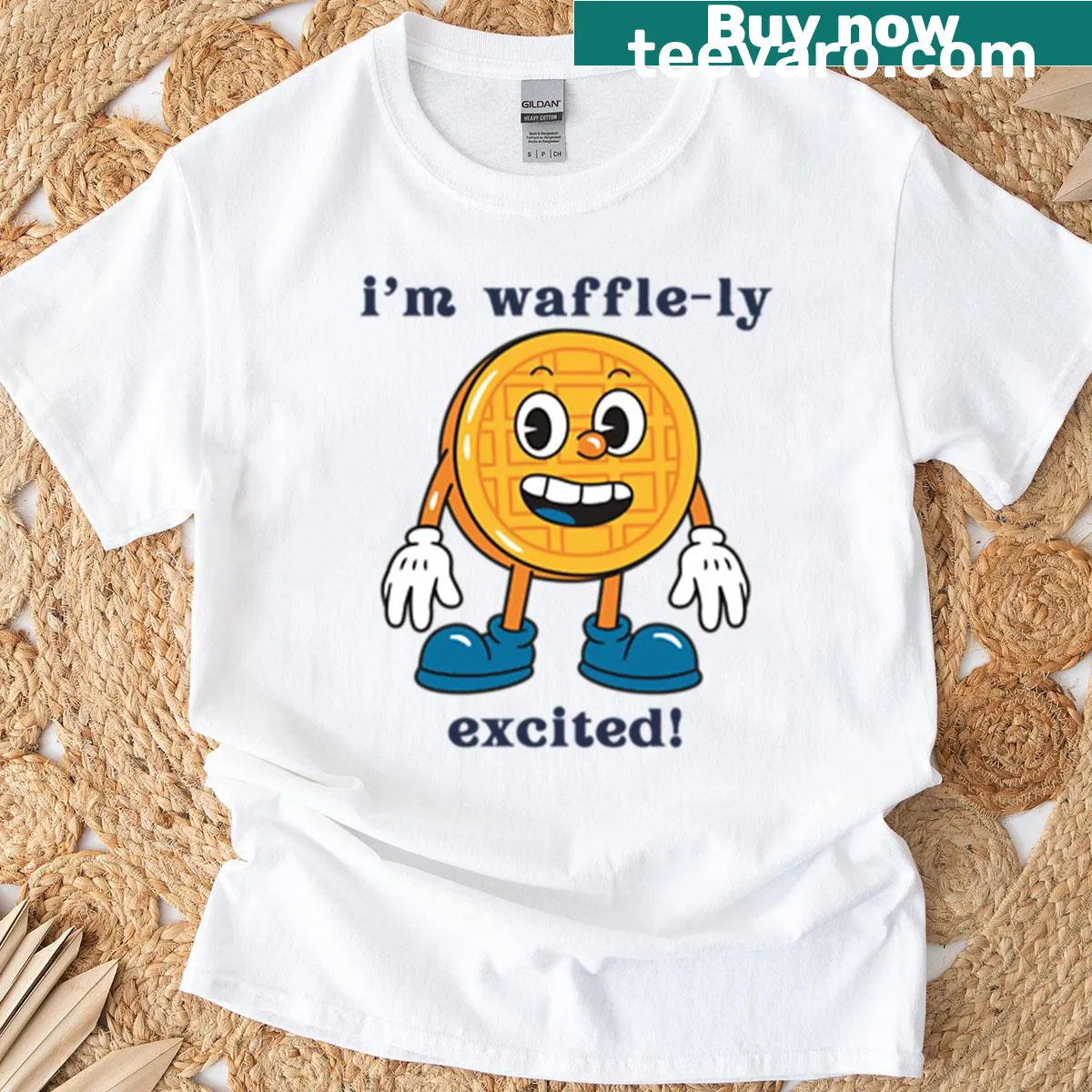 Funny typography T-shirt with the phrase 'I'm Waffle-ly Excited' — on a men's t-shirt