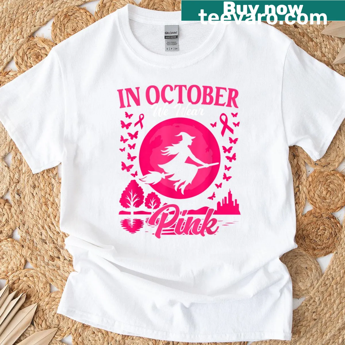 Illustrated t-shirt with a message about breast cancer awareness and Halloween — on a men's t-shirt