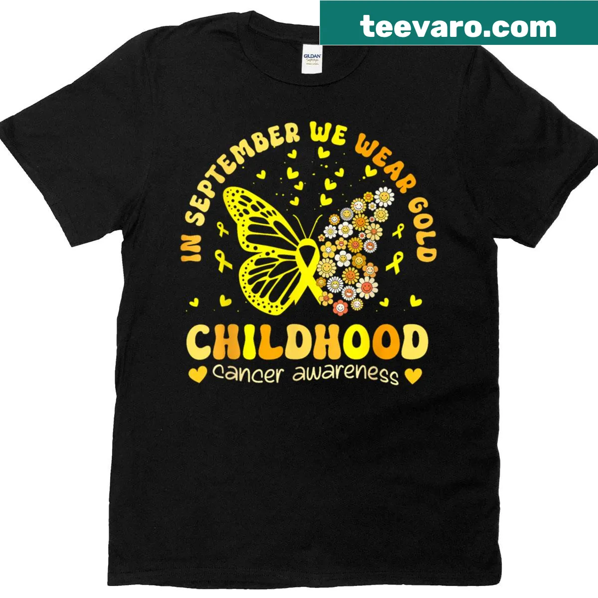 Gold awareness t-shirt for childhood cancer — on a men's t-shirt