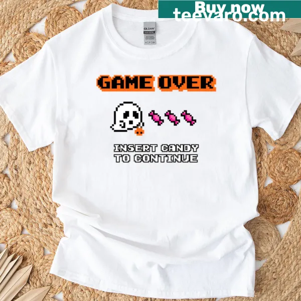 Cute 8-bit ghost Halloween t-shirt with candy message