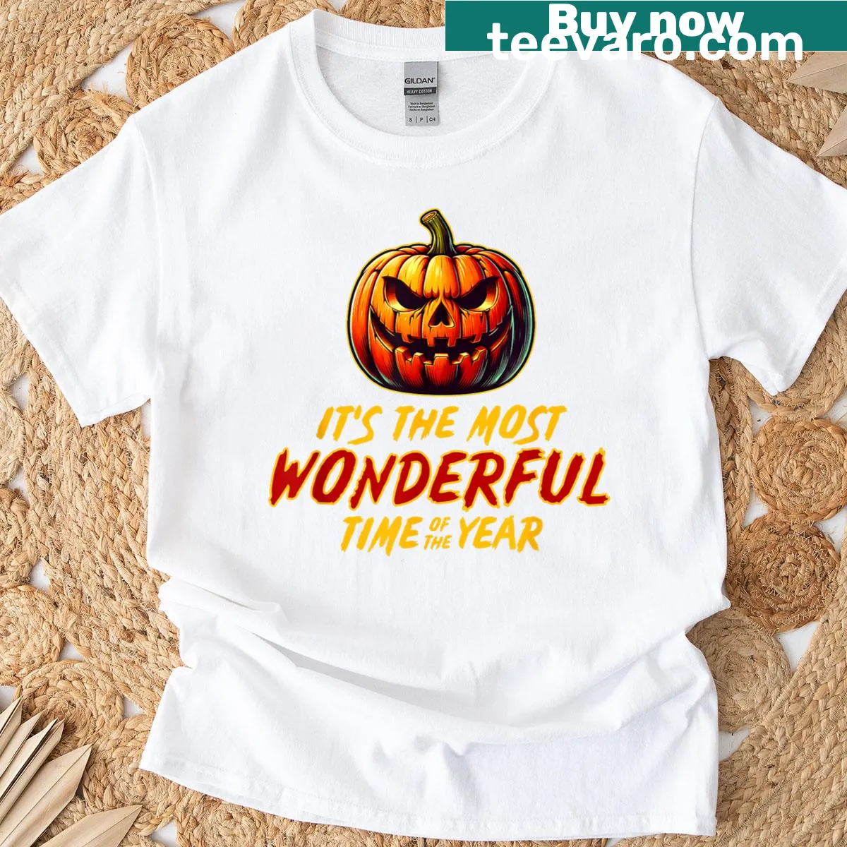 Cheerful jack-o-lantern with festive text on a T-shirt — on a men's t-shirt