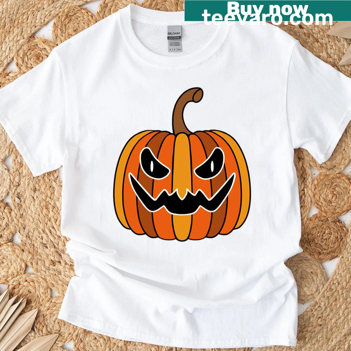 Fun t-shirt featuring a classic Jack O' Lantern design. — on a men's t-shirt