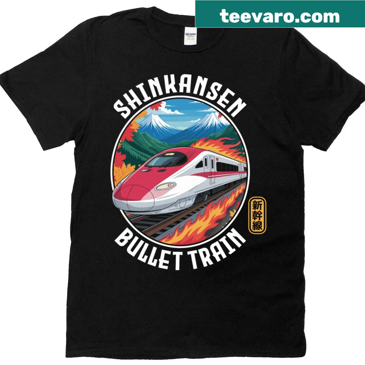 Japanese bullet train t-shirt featuring Kanji design — on a men's t-shirt