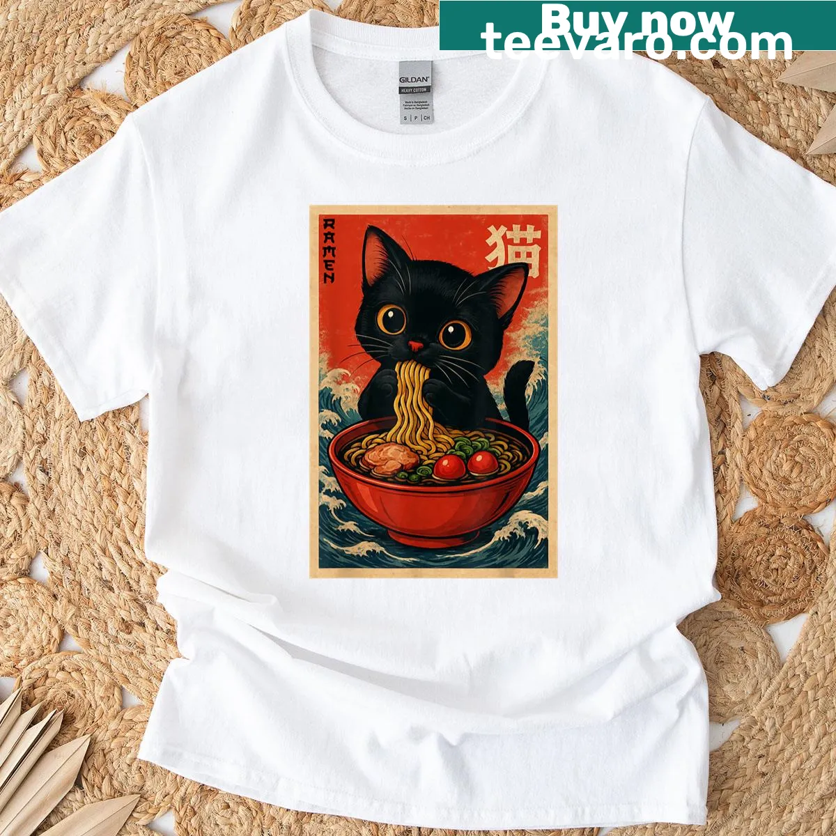 Kawaii anime cat enjoying ramen on a T-shirt — on a men's t-shirt