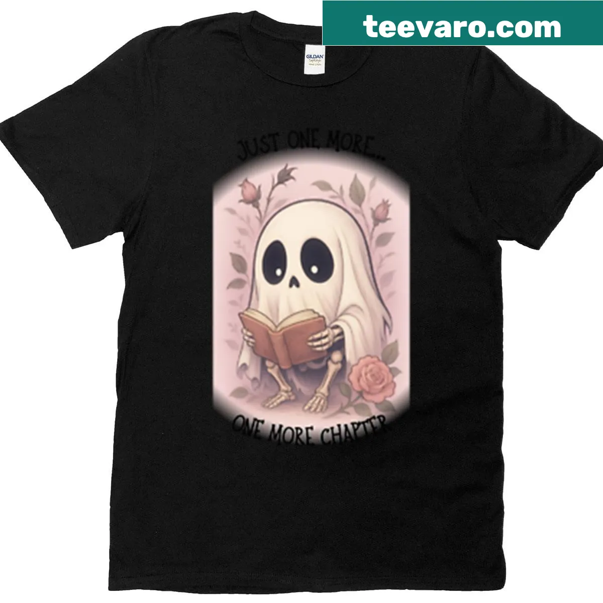 Oversized t-shirt with the phrase 'Just One More Chapter.' — on a men's t-shirt