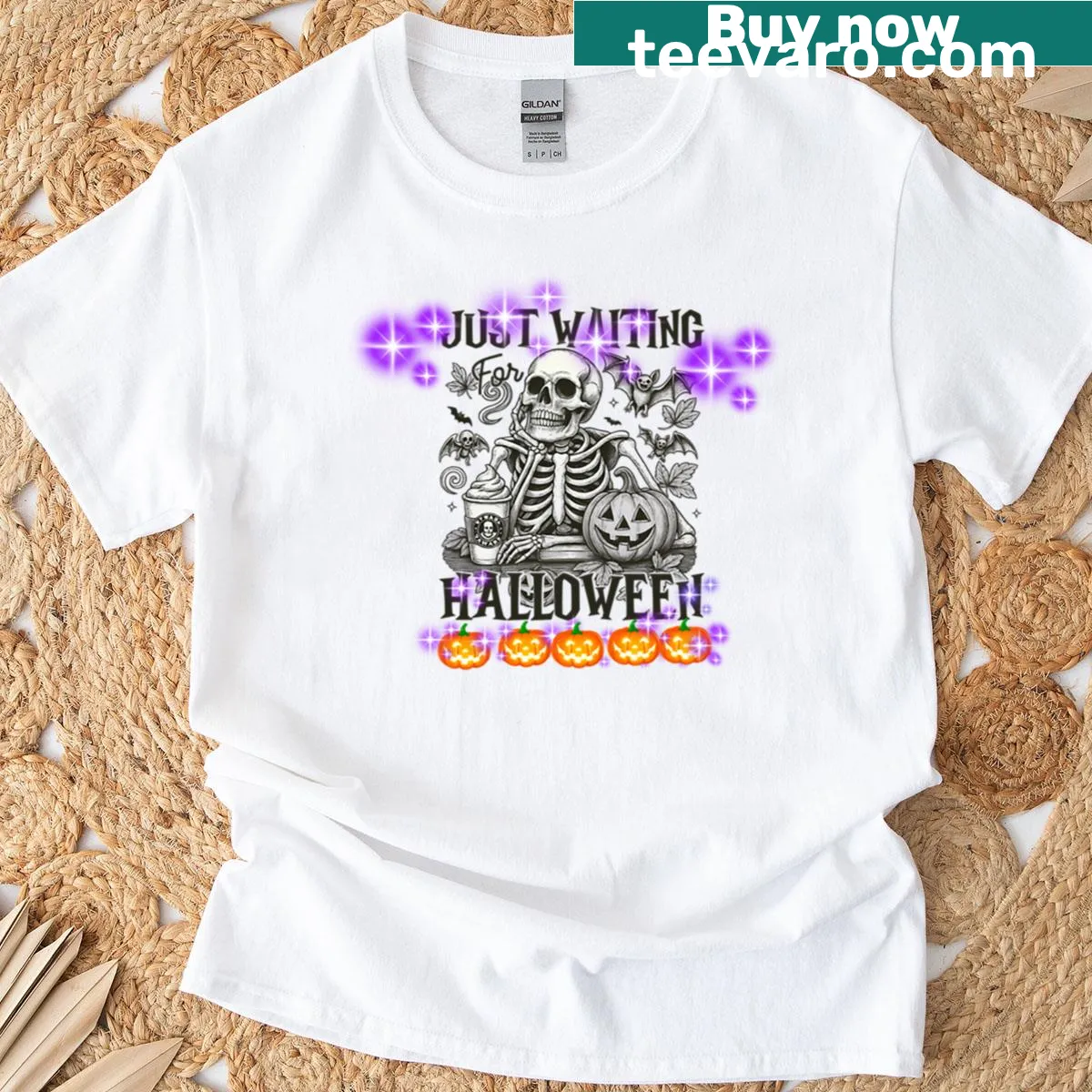 Halloween-themed T-shirt with skeleton, coffee, and pumpkin graphic — on a men's t-shirt