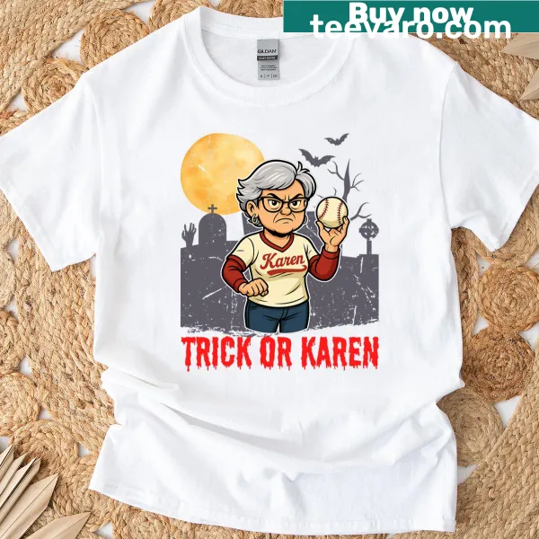 Vintage-style Halloween t-shirt featuring the Karen meme and baseball graphics.