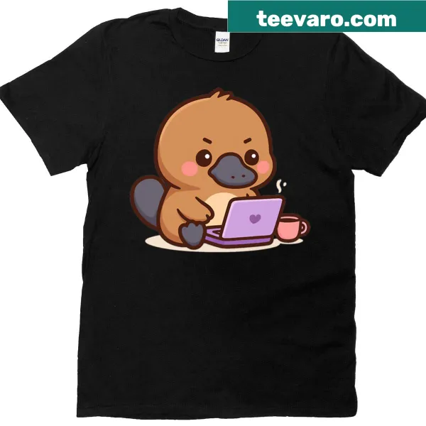 Cute T-shirt featuring a kawaii platypus with a laptop.