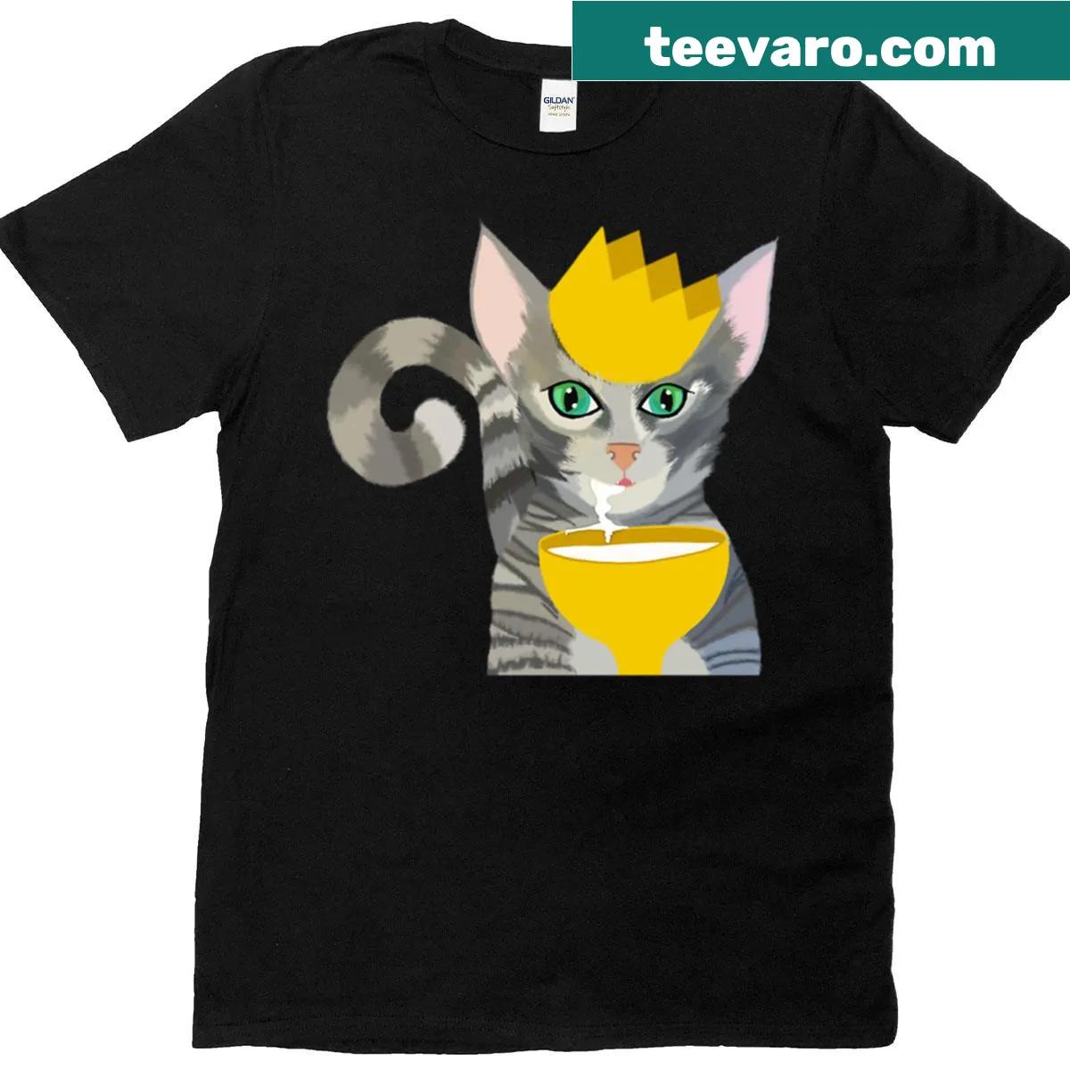 Illustration of a gray tabby cat king with a goblet of milk — on a men's t-shirt
