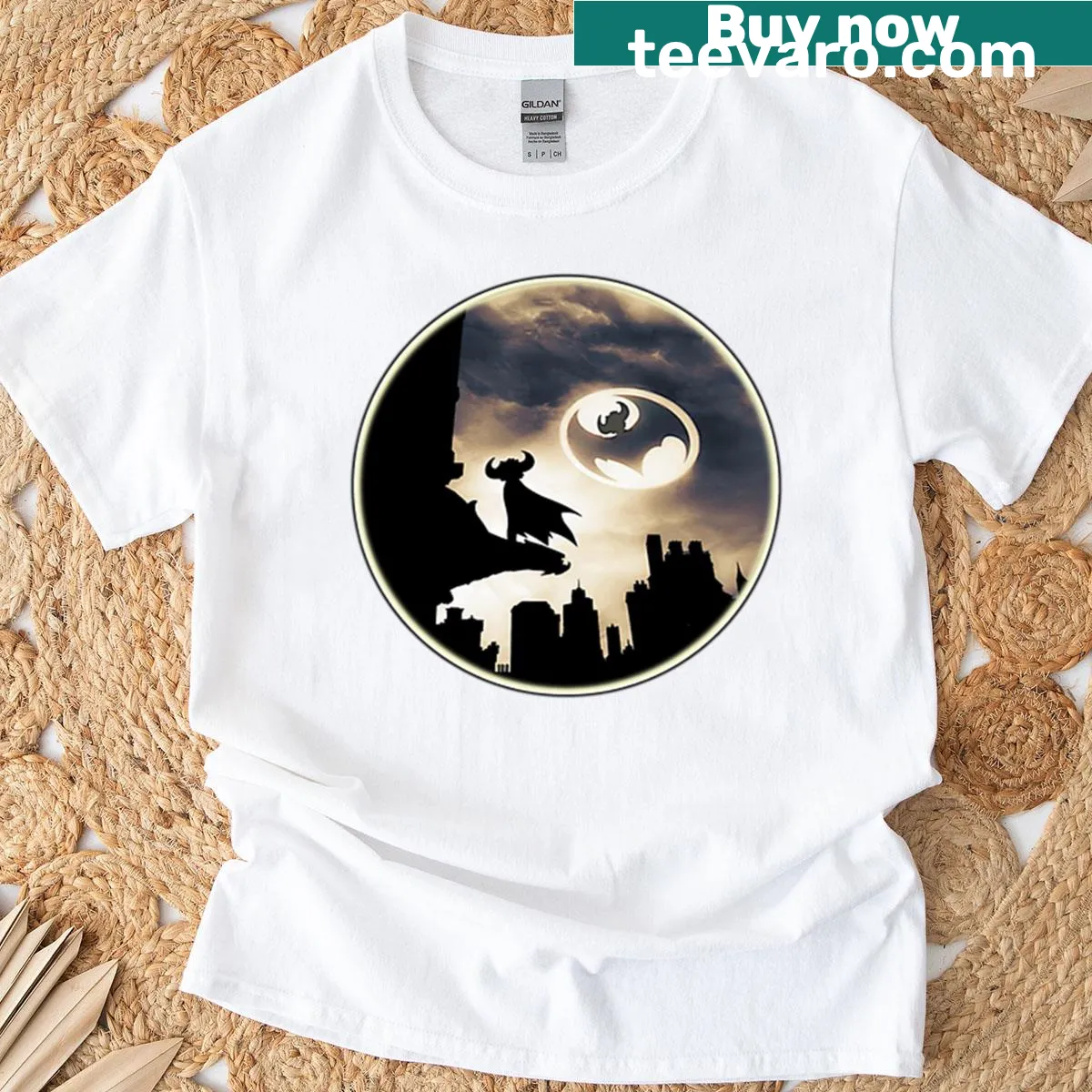 Whimsical jungle-themed T-shirt featuring playful knights and glowing design — on a men's t-shirt
