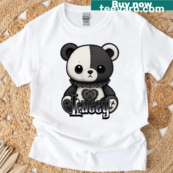 Gothic teddy bear with split face and stitched heart on a spooky t-shirt