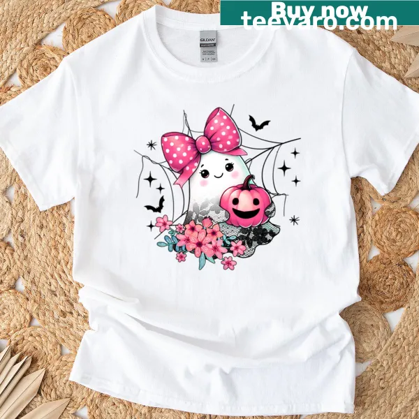Cute cartoon ghost girl t-shirt for Halloween lovers.