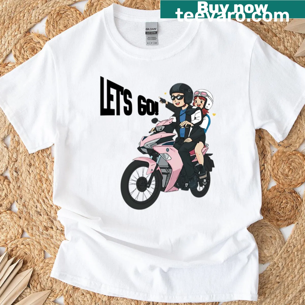 Couple riding a motorbike illustration on a travel-themed t-shirt. — on a men's t-shirt