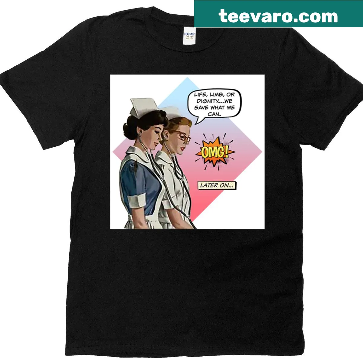 Nurse humor t-shirt with the phrase 'Life Limb Or Dignity' in playful typography — on a men's t-shirt