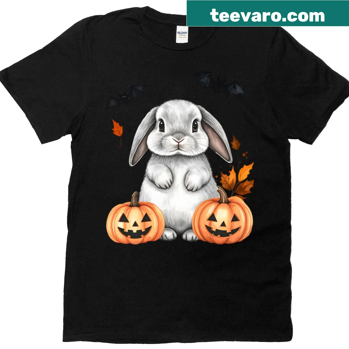 Cute Halloween shirt with rabbit, pumpkins, and bats — on a men's t-shirt