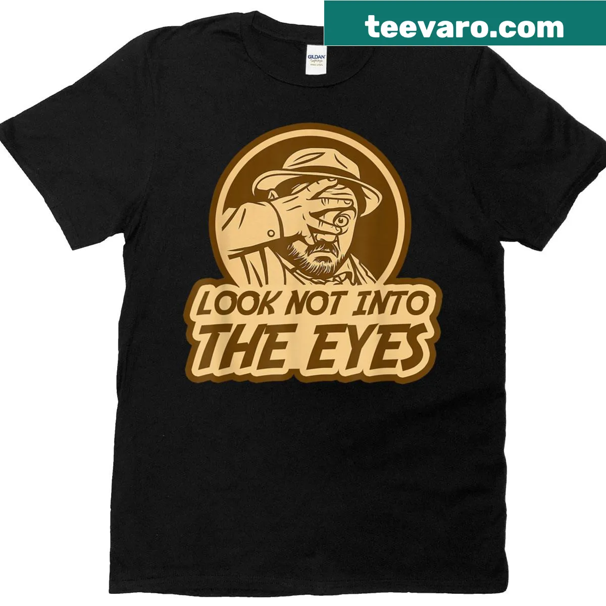 Typography T-shirt with the phrase Look Not Into The Eyes — on a men's t-shirt