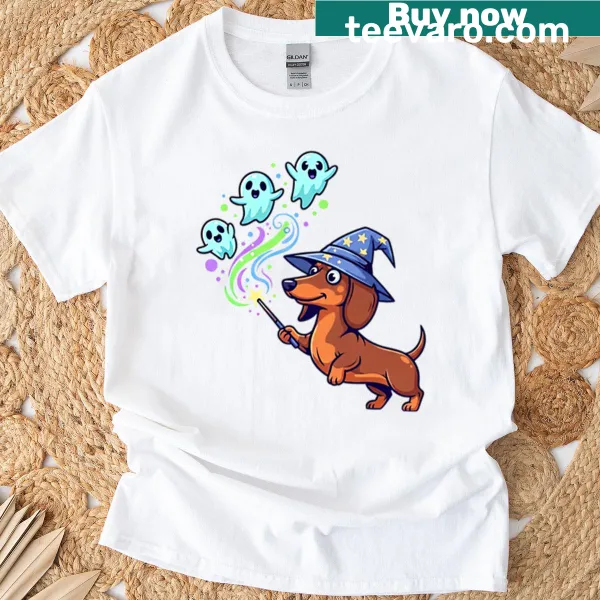 Cartoon-style T-shirt of a magical dog and ghosts