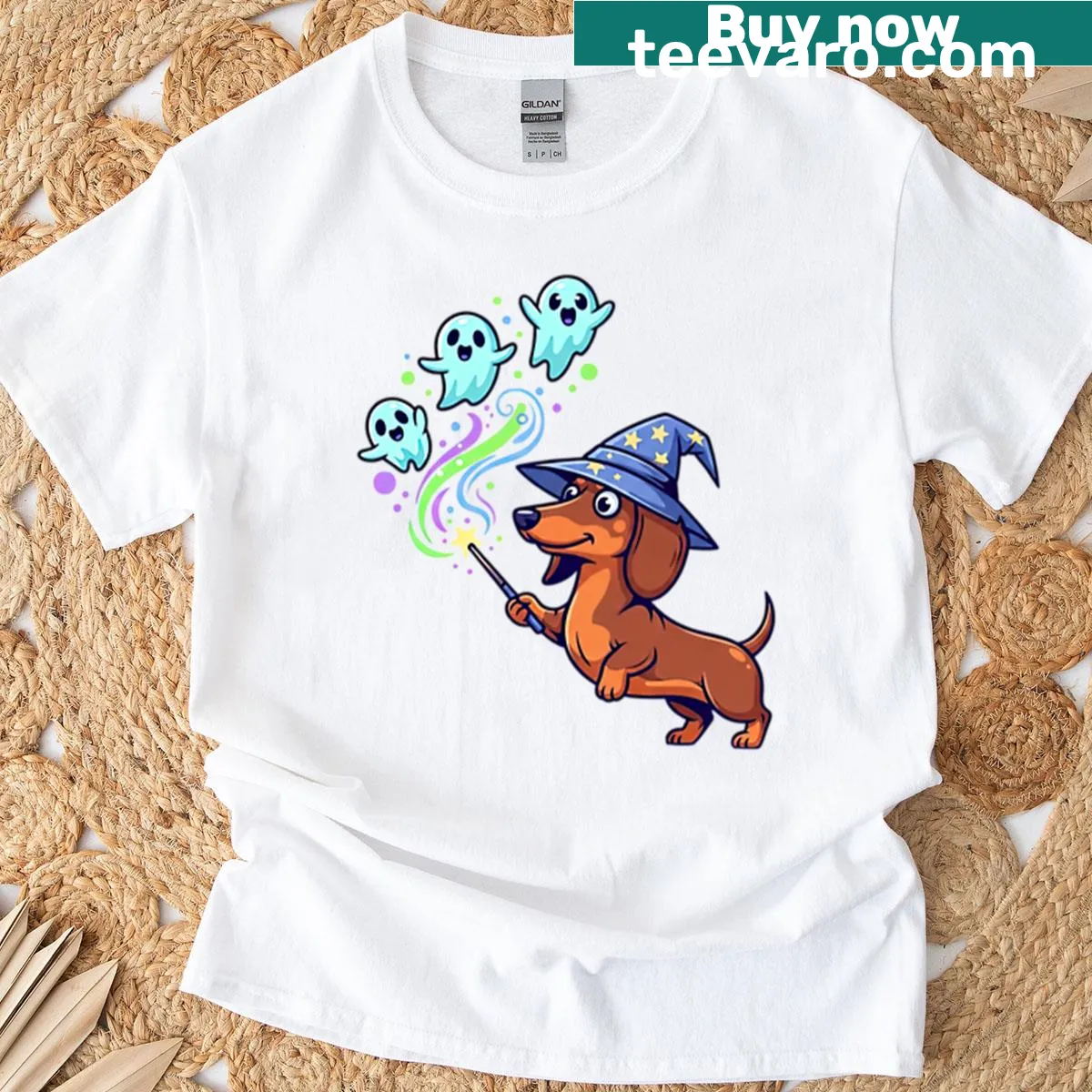 Cartoon-style T-shirt of a magical dog and ghosts — on a men's t-shirt
