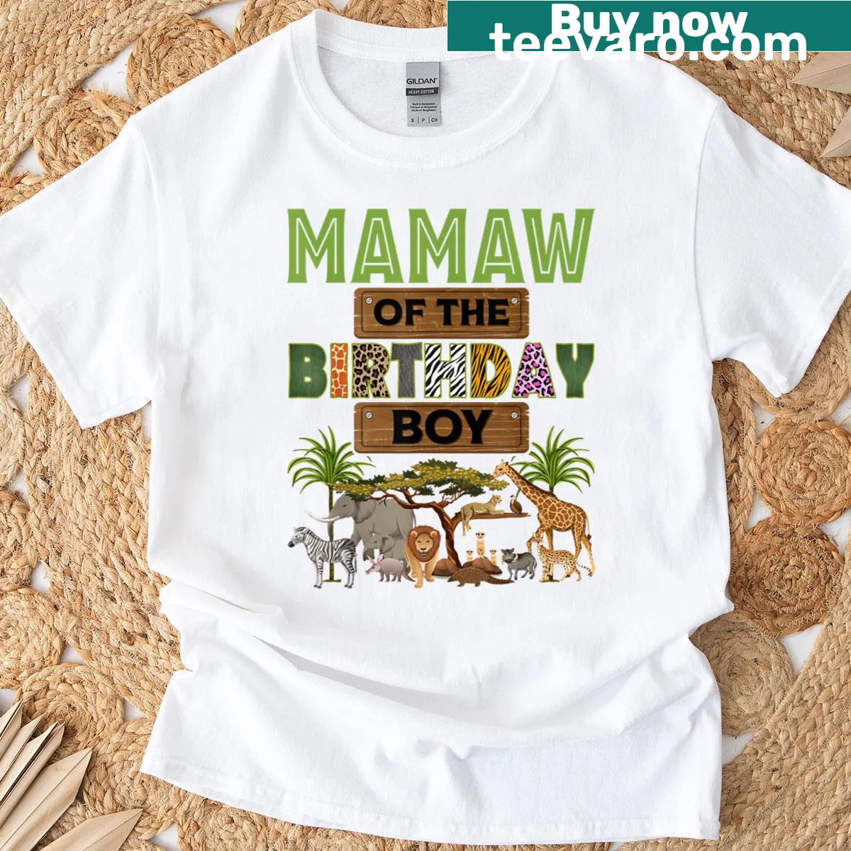 Illustrated safari-themed Mamaw T-shirt celebrating birthday boy — on a men's t-shirt