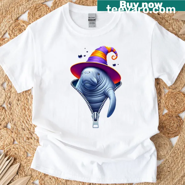 Whimsical illustration of a manatee emerging from a zipper on women's shirt