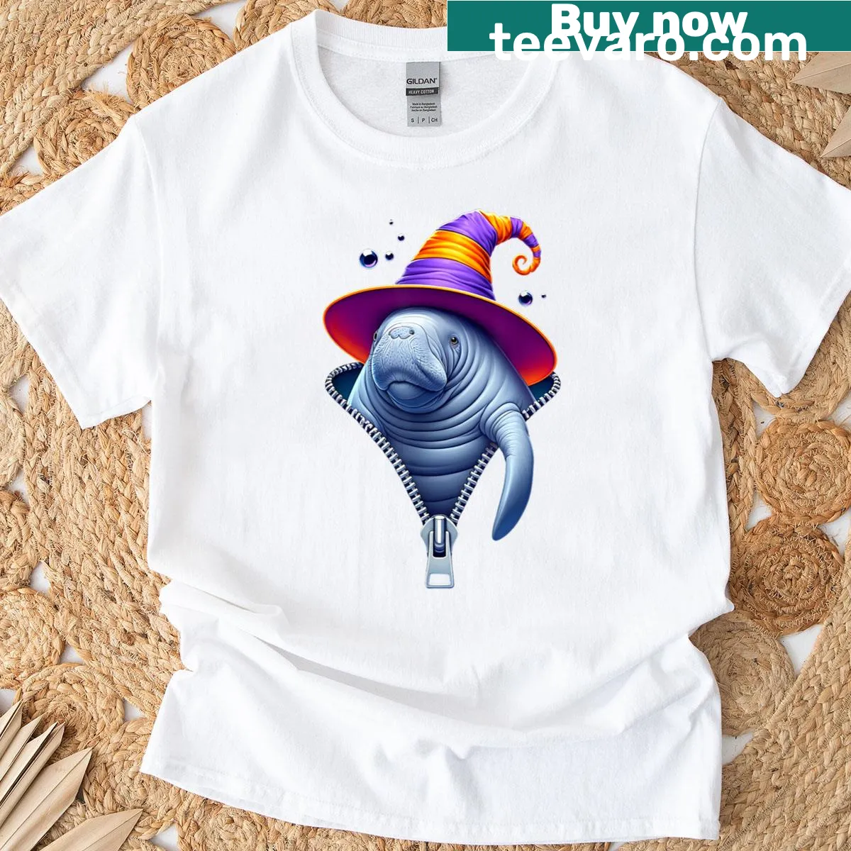 Whimsical illustration of a manatee emerging from a zipper on women's shirt — on a men's t-shirt