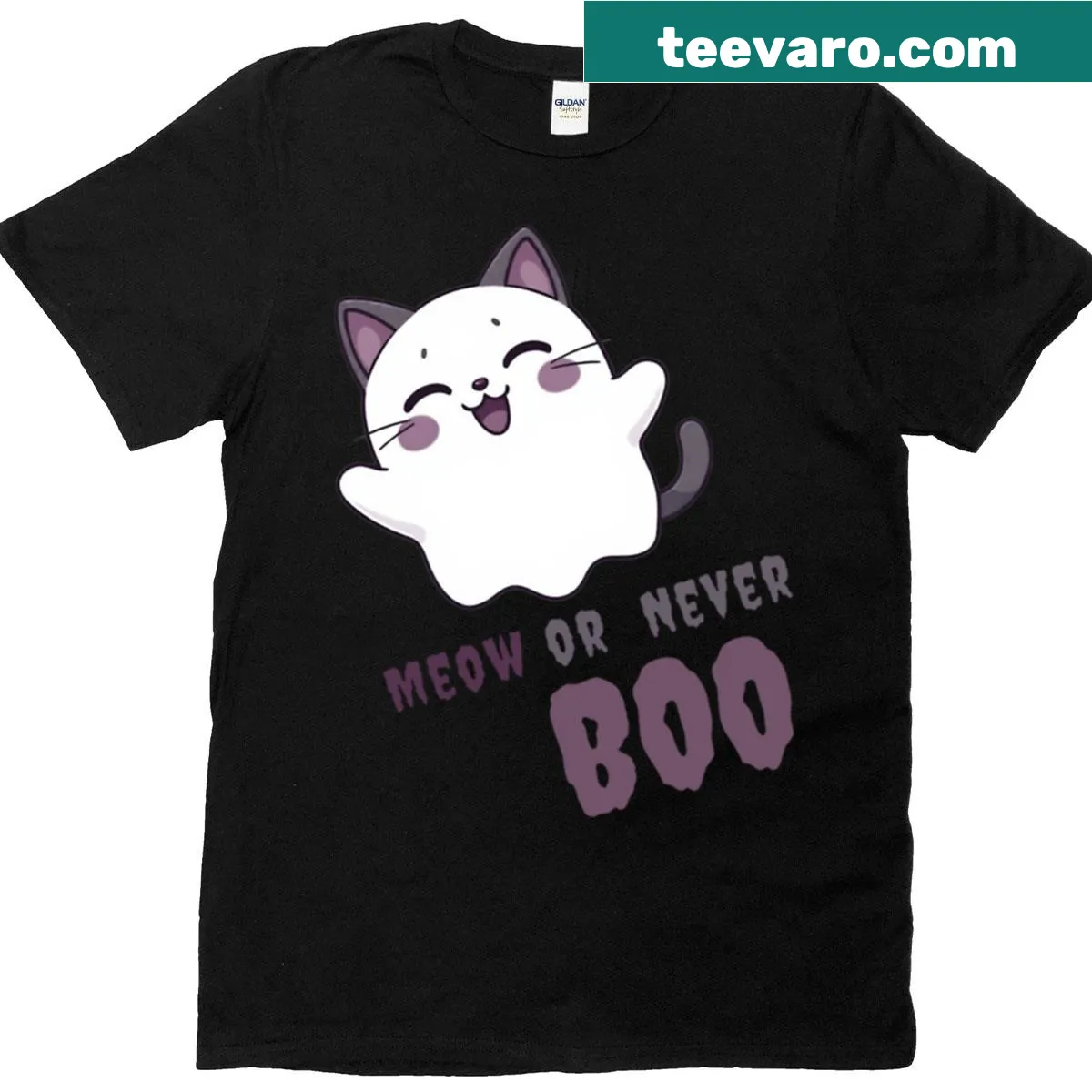Kawaii ghost cat design with Halloween text on oversized T-shirt — on a men's t-shirt