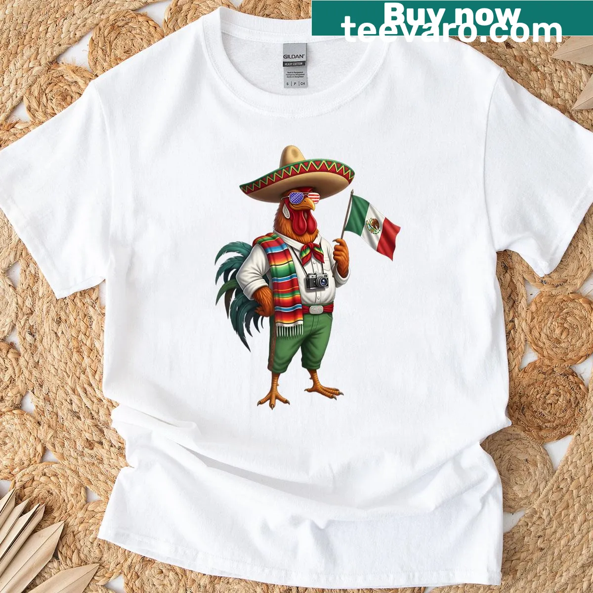 Cartoon rooster wearing sunglasses with cultural elements — on a men's t-shirt