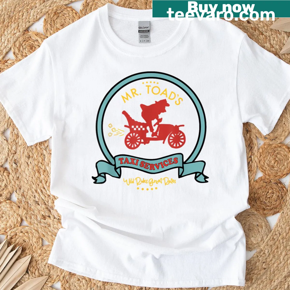 Mr Toad's Taxi graphic T-shirt featuring humorous taxi design — on a men's t-shirt