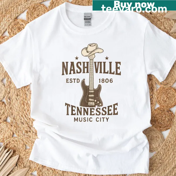 Nashville-themed T-shirt with guitar and angel wings design.