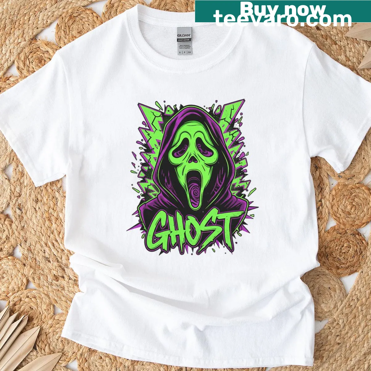 Oversized T-shirt featuring a neon Ghostface design — on a men's t-shirt