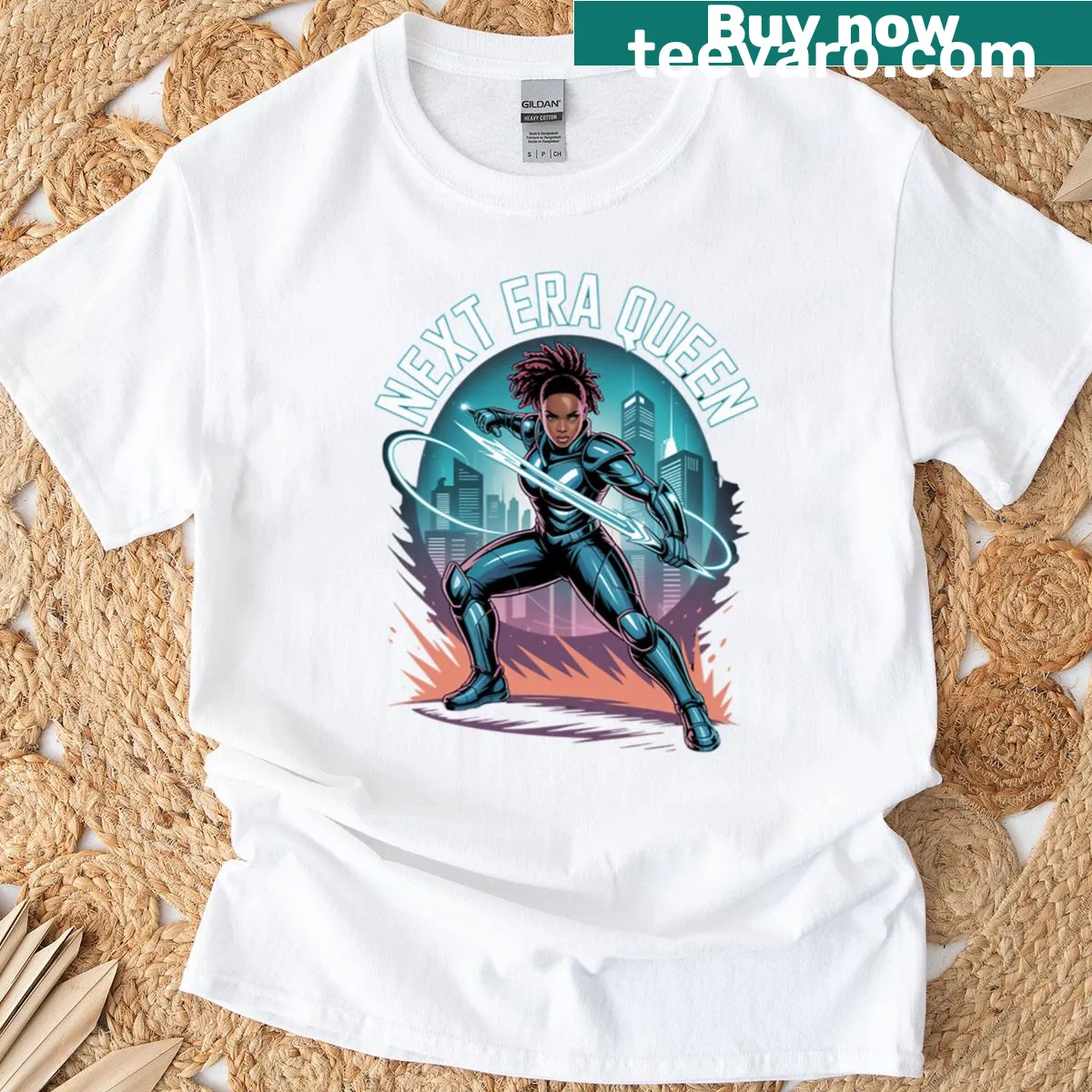 Empowering t-shirt with 'Next Era Queen' illustrated design. — on a men's t-shirt