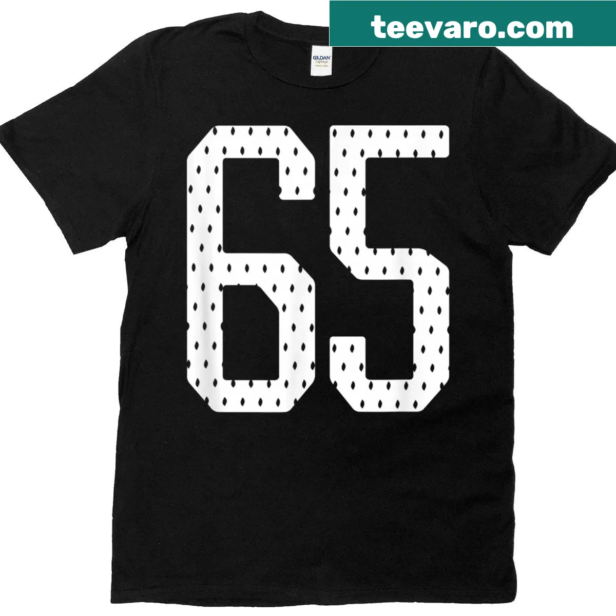 Sports team jersey style t-shirt featuring the number 65. — on a men's t-shirt