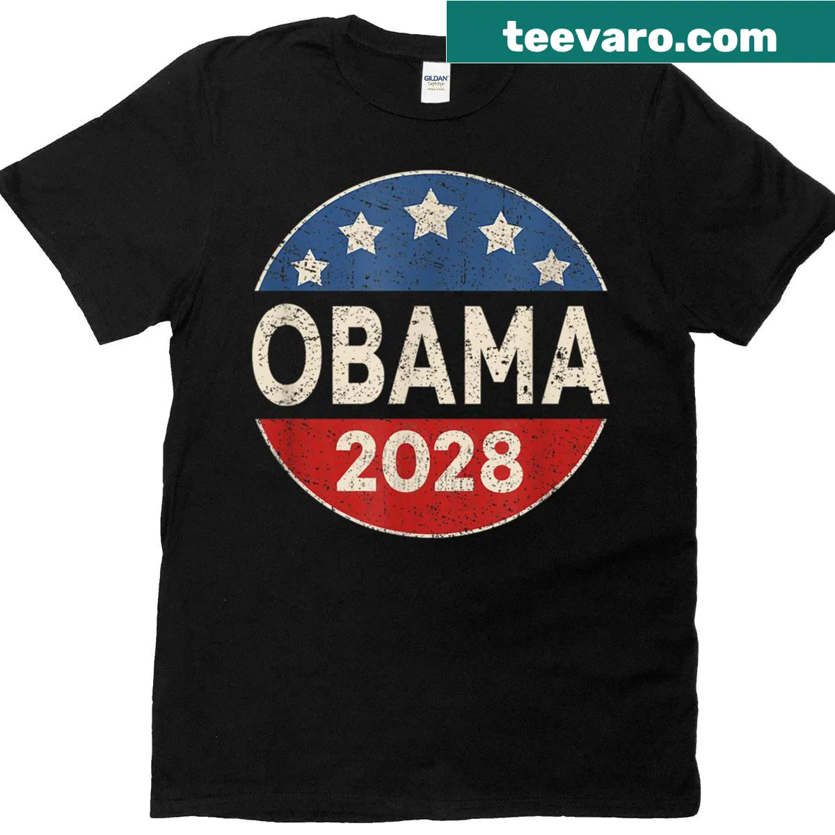 Retro T-shirt featuring Obama 2028 button design — on a men's t-shirt