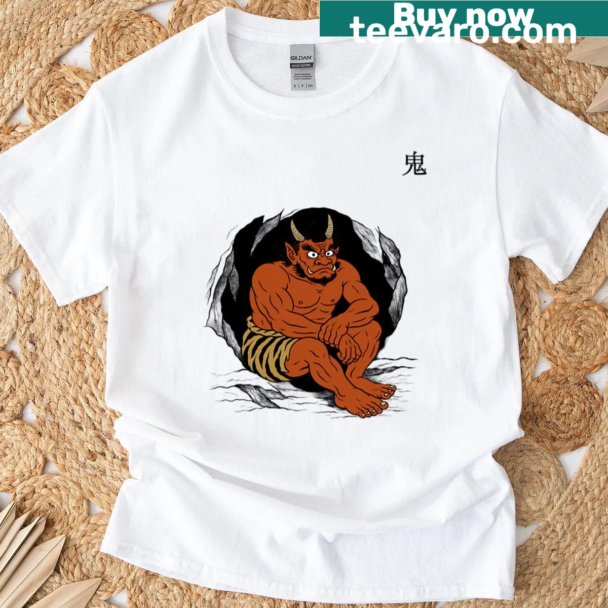 Oversized Oni-Yokai t-shirt featuring an illustrated Oni figure — on a men's t-shirt