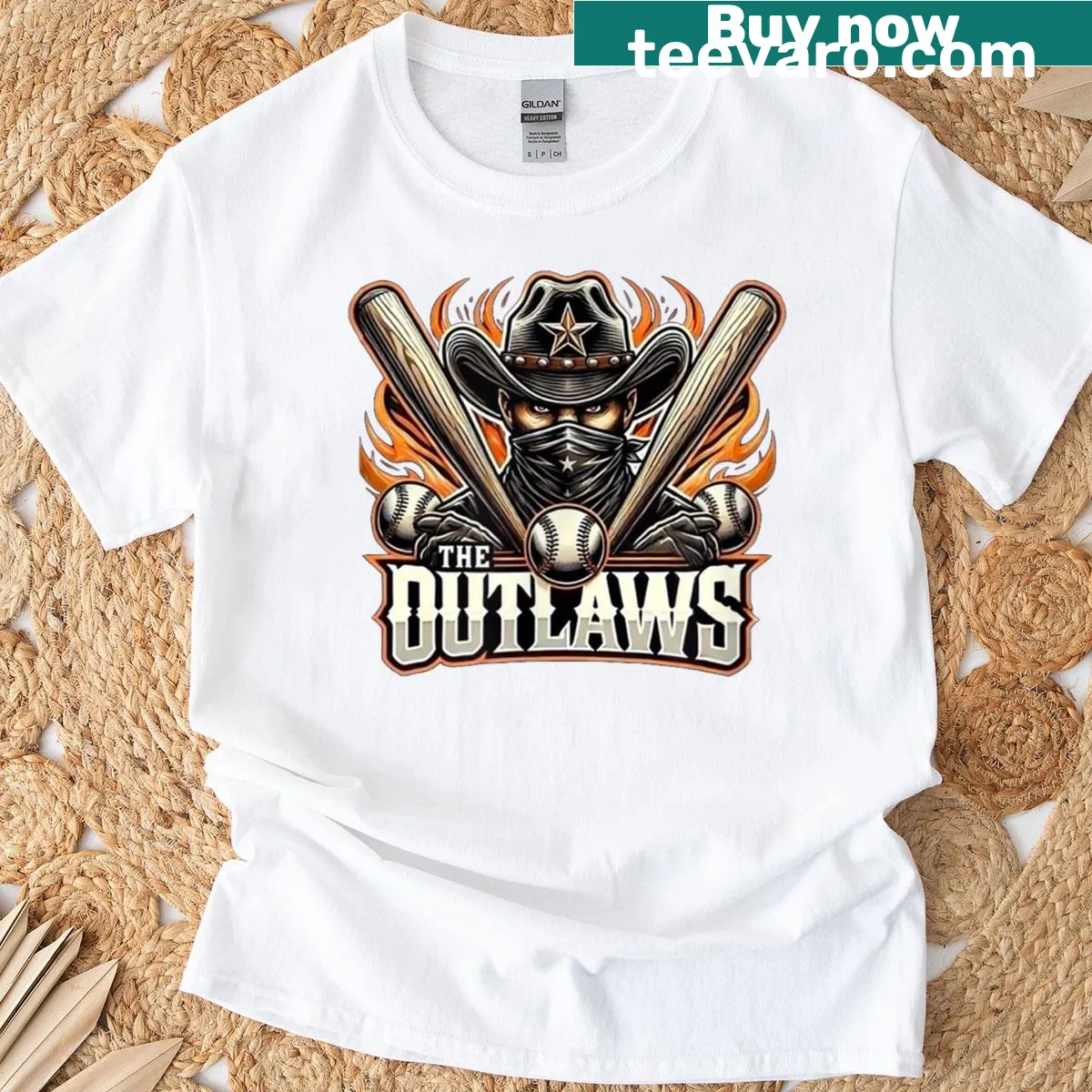 Bold typography T-shirt with 'Outlaw Baseball' text — on a men's t-shirt