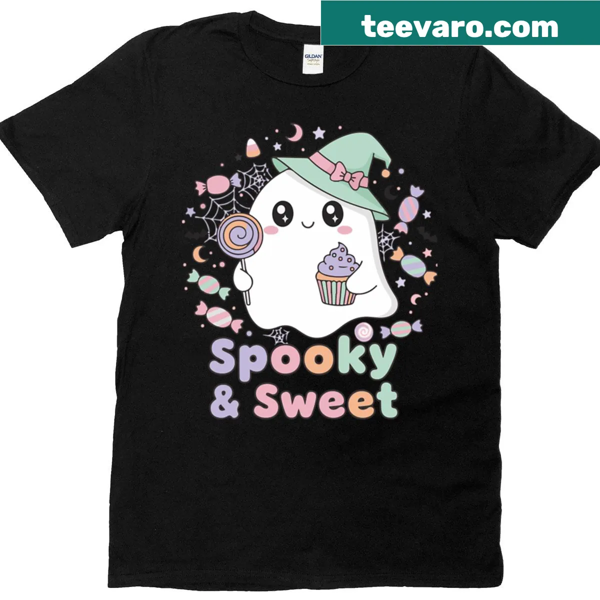 Cute pastel kawaii ghost graphic on an oversized Halloween t-shirt — on a men's t-shirt