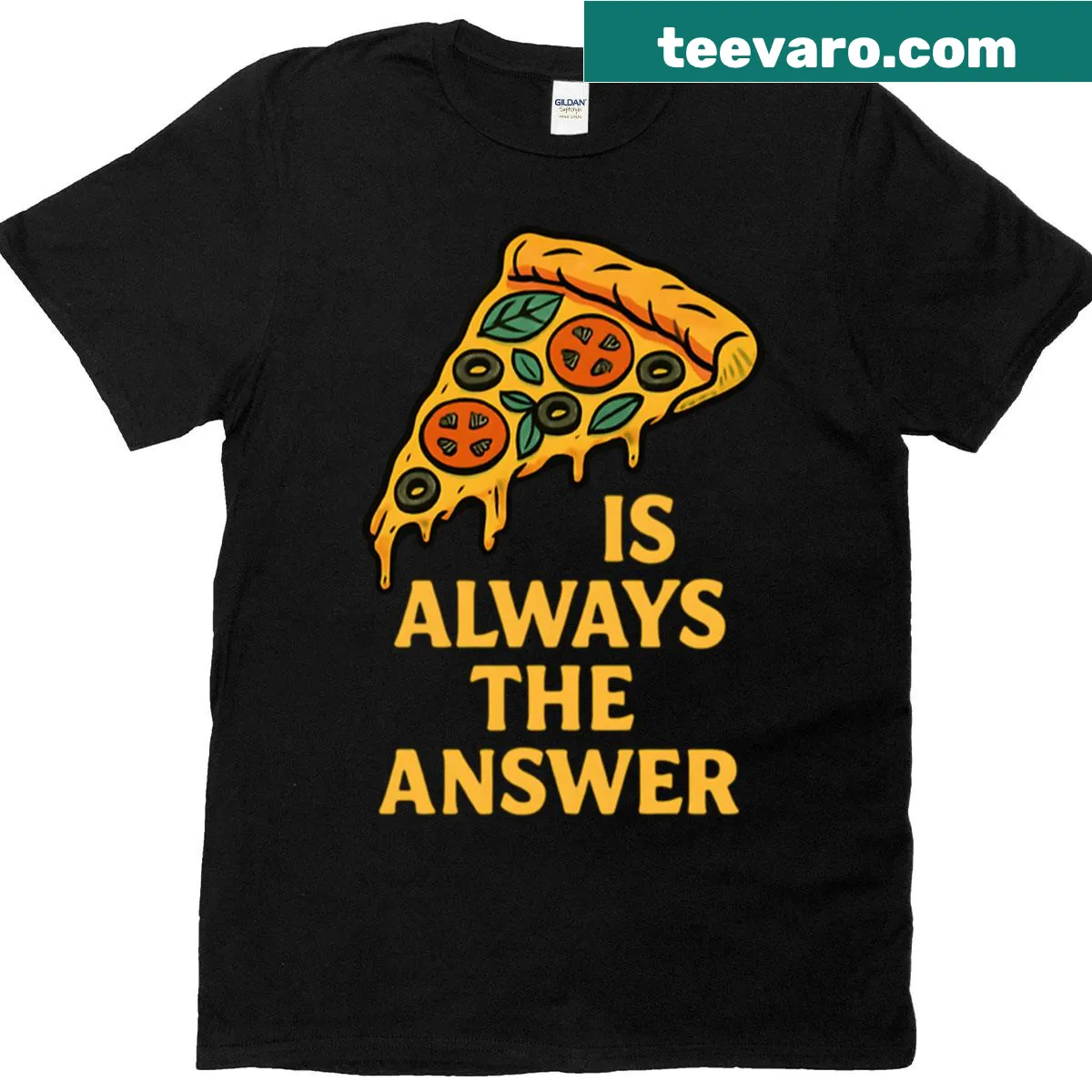 Playful pizza-themed graphic on a casual T-shirt — on a men's t-shirt