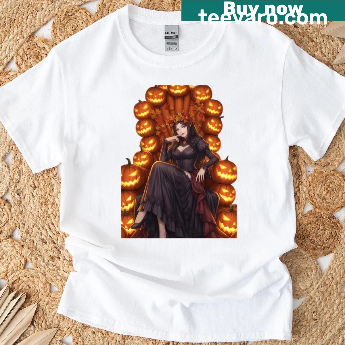 Anime-inspired T-shirt with a gothic pumpkin princess on a throne design. — on a men's t-shirt