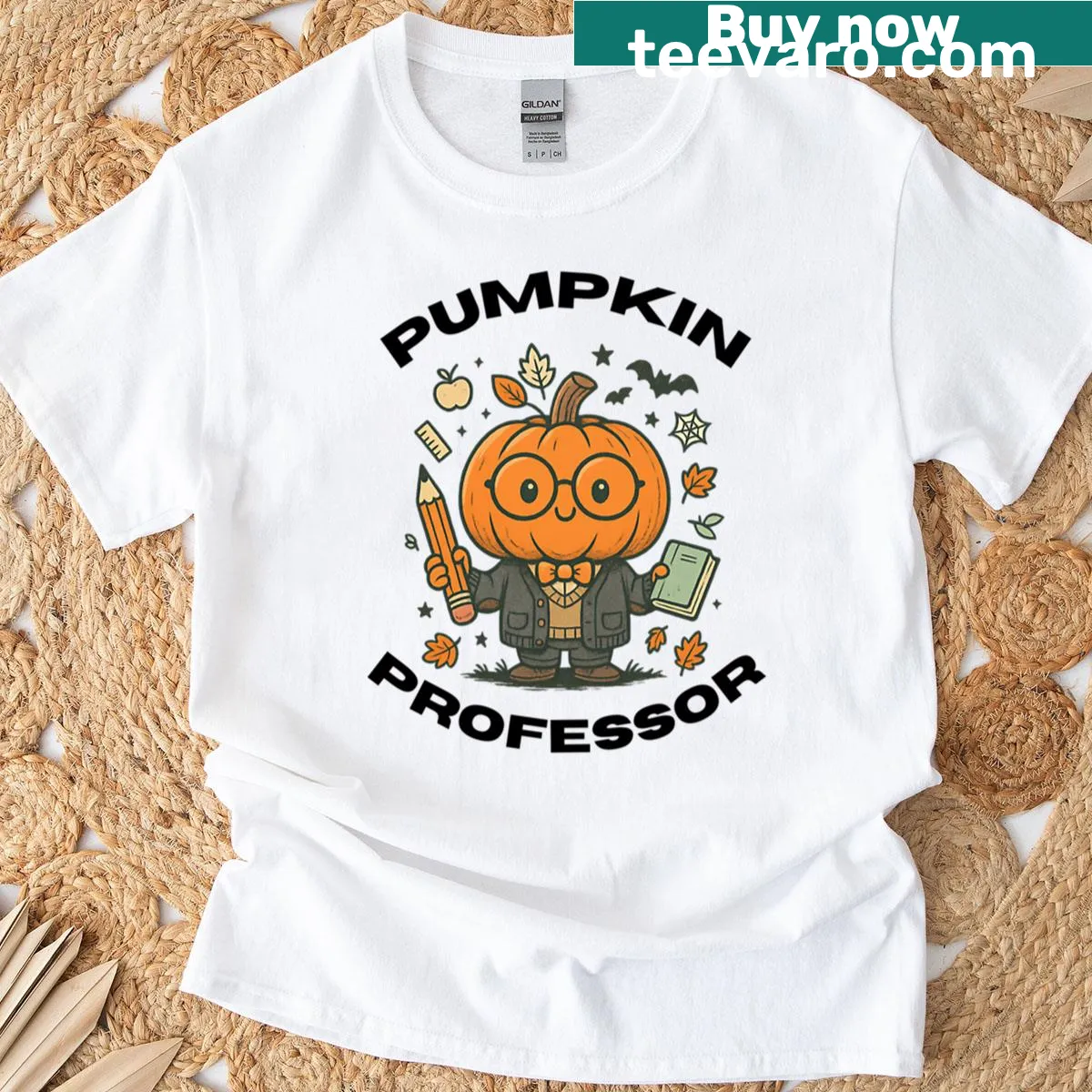 Cartoon pumpkin dressed as a professor for a Halloween theme. — on a men's t-shirt