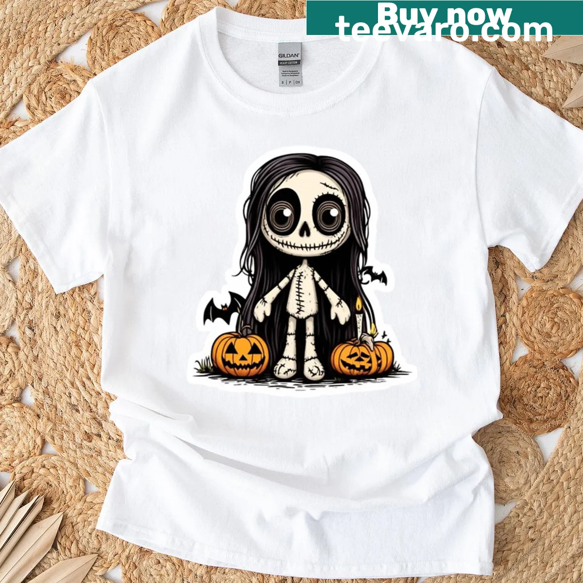 Cute skeleton character in a pumpkin graphic on kids' T-shirt. — on a men's t-shirt