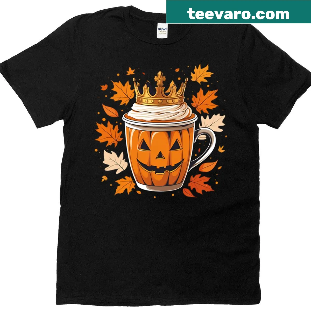 Cute graphic of a pumpkin latte cup with a crown on a t-shirt — on a men's t-shirt