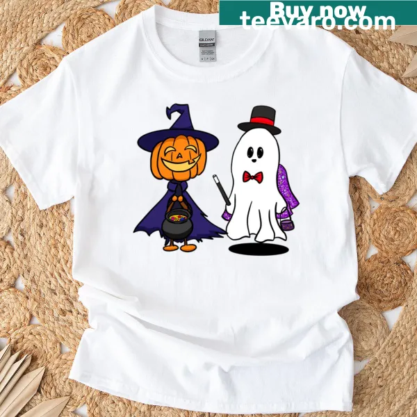 Cute Halloween-themed graphic with a witch, ghost, and pumpkin