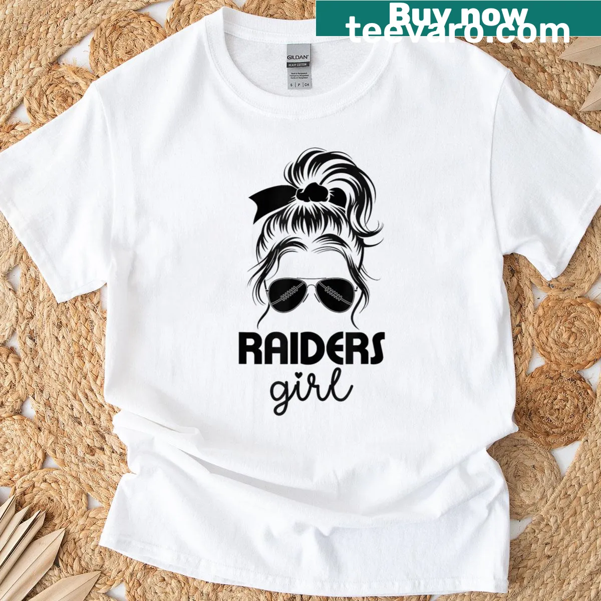 T-shirt for Raiders fans featuring a girl with a messy bun and team spirit — on a men's t-shirt