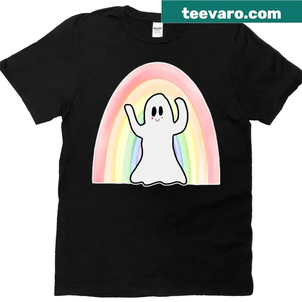 Happy rainbow ghost t-shirt promoting inclusivity and pride