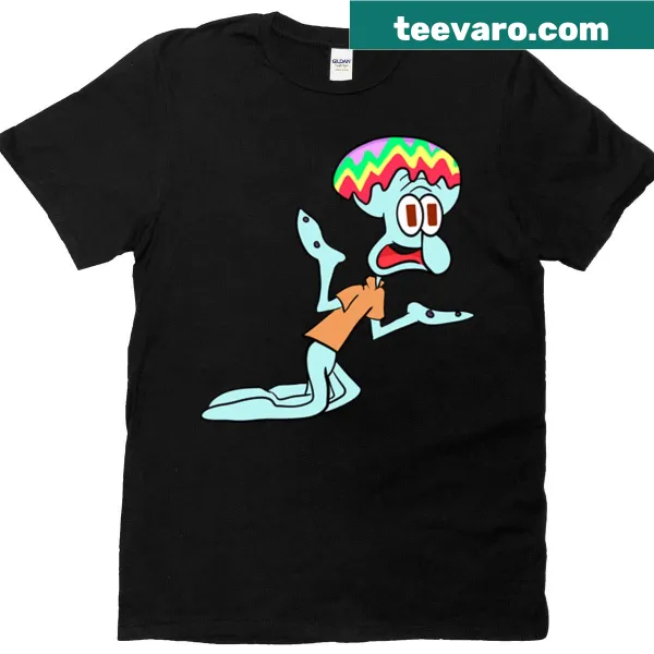 Playful rainbow-headed Squidward cartoon T-shirt