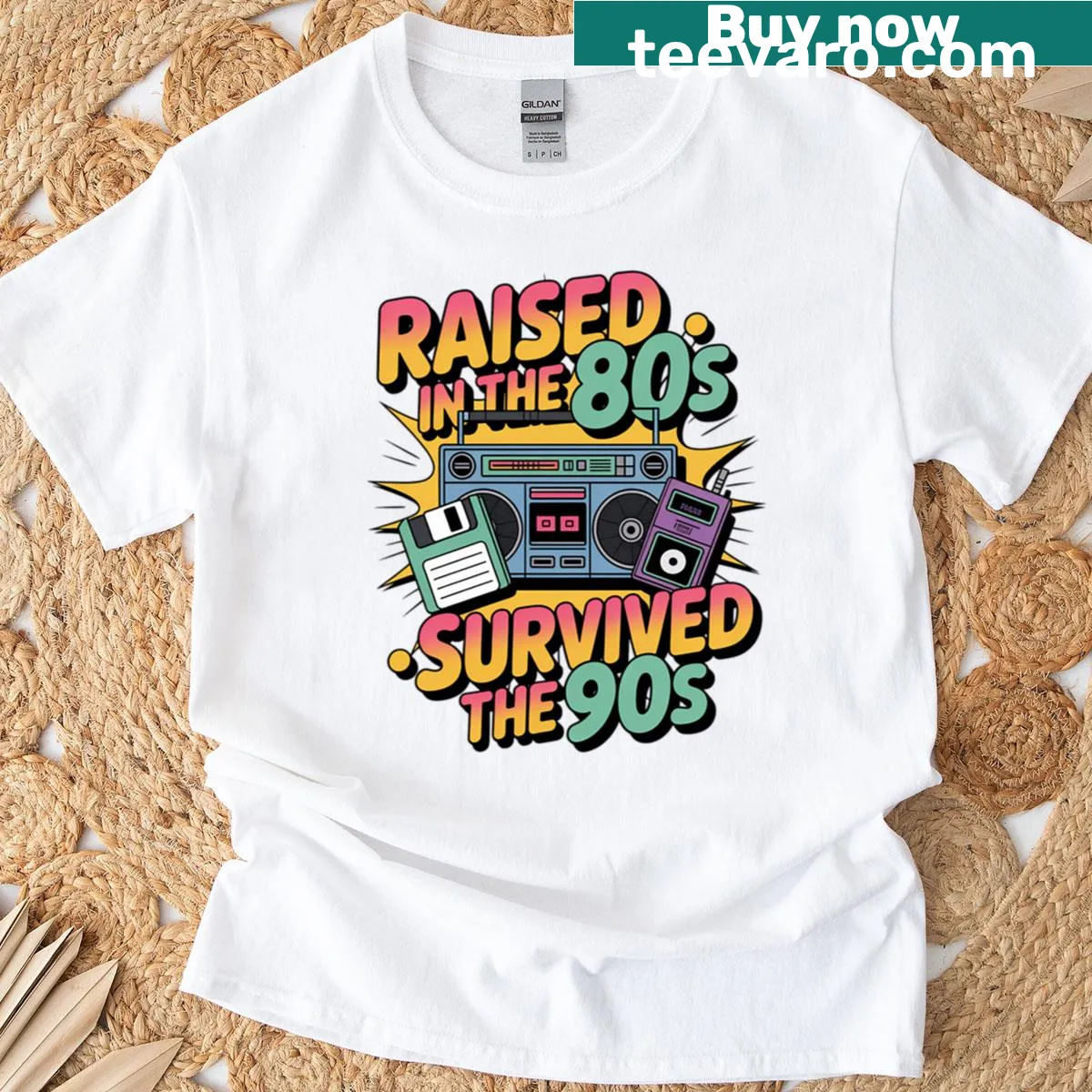 Nostalgic shirt featuring the text 'Raised In The 80s Survived The 90s' — on a men's t-shirt